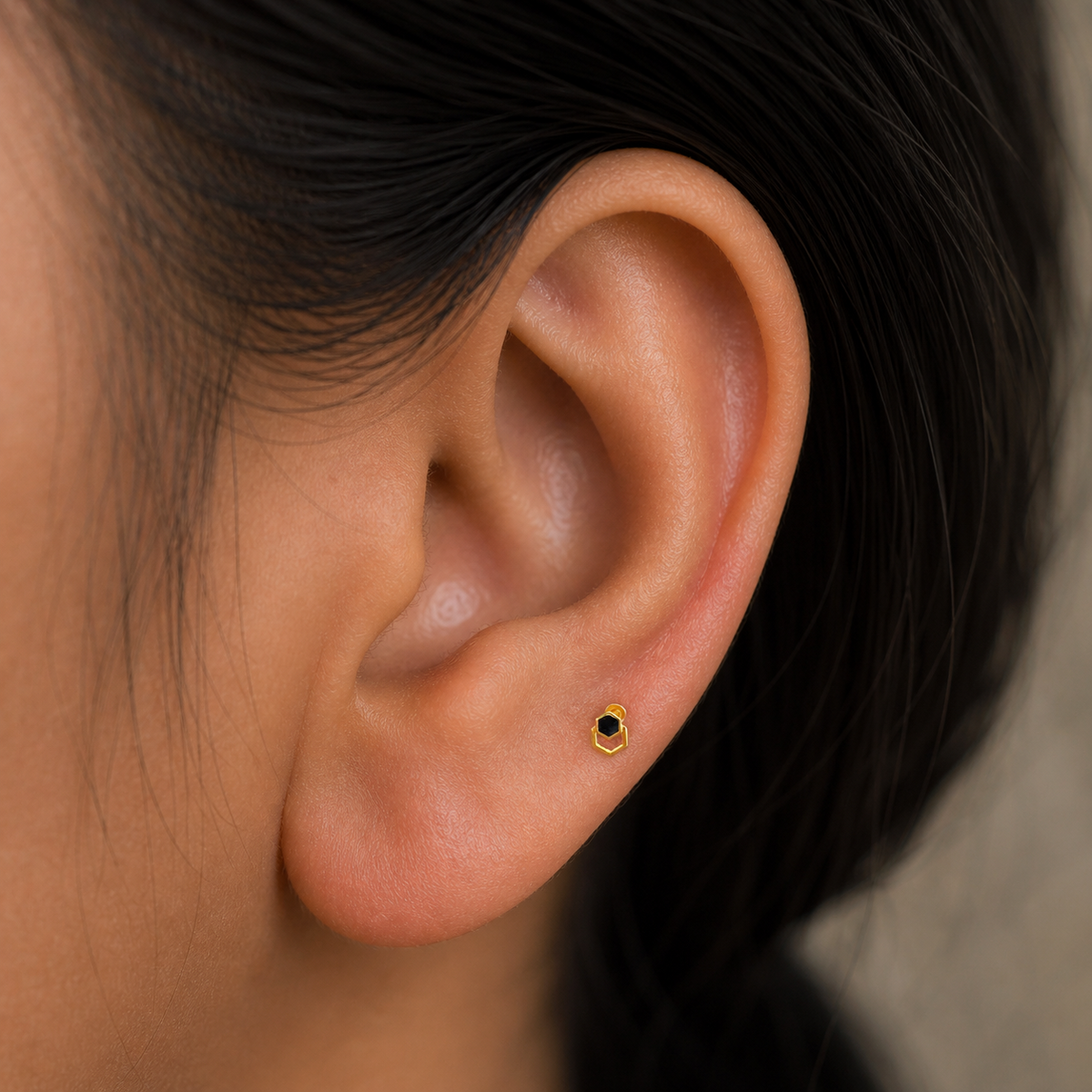 9K Gold Hexa Black Stone Second Stud Earrings