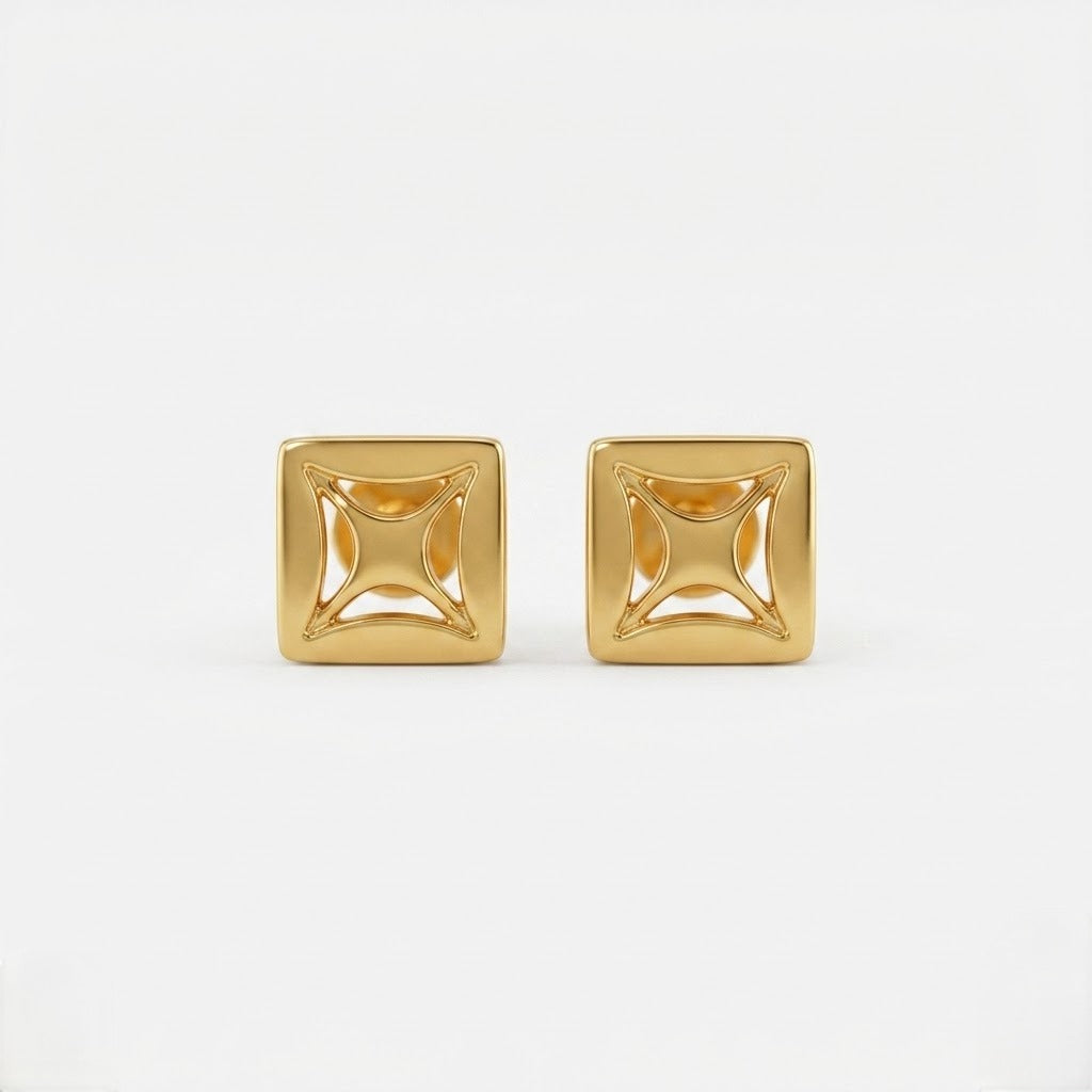 9K Gold Square Cutwork Second Stud Earrings