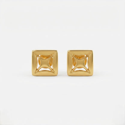 9K Gold Square Cutwork Second Stud Earrings