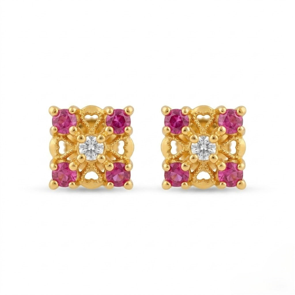 9K Gold Ruby Square Floral Second Stud Earrings