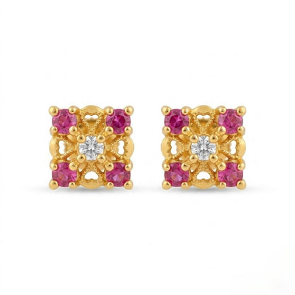 9K Gold Ruby Square Floral Second Stud Earrings