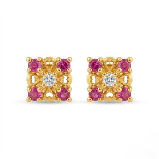 9K Gold Ruby Square Floral Second Stud Earrings