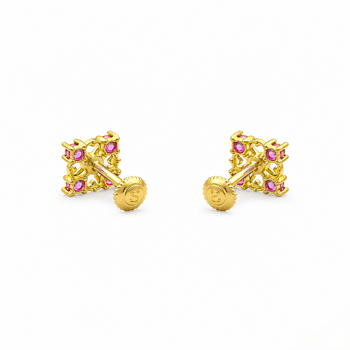 9K Gold Ruby Square Floral Second Stud Earrings