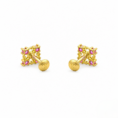 9K Gold Ruby Square Floral Second Stud Earrings