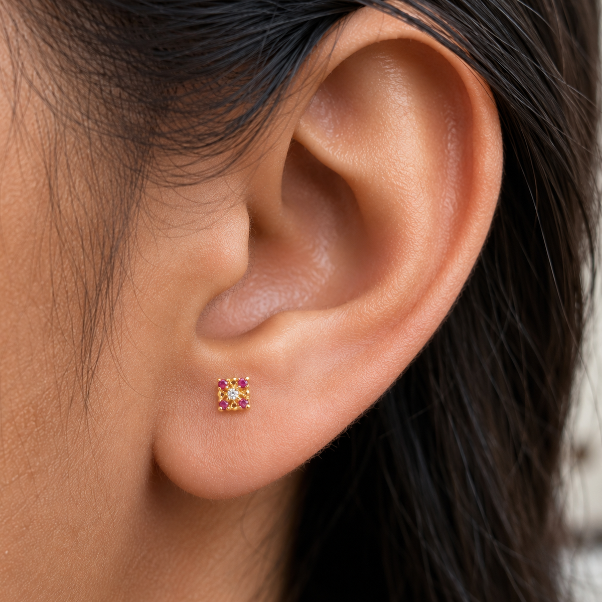9K Gold Ruby Square Floral Second Stud Earrings