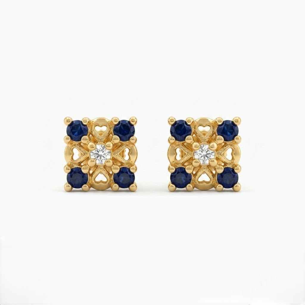 9K Gold Blue Stone Square Floral Second Stud Earrings