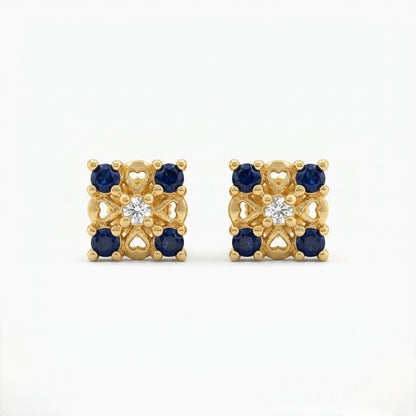 9K Gold Blue Stone Square Floral Second Stud Earrings