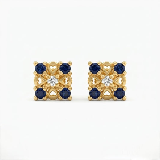 9K Gold Blue Stone Square Floral Second Stud Earrings