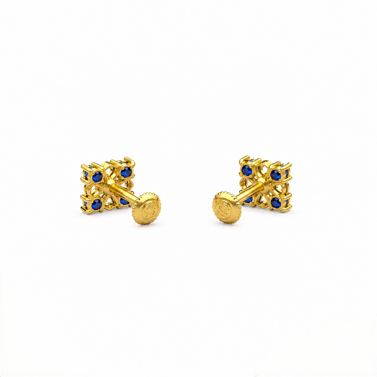 9K Gold Blue Stone Square Floral Second Stud Earrings