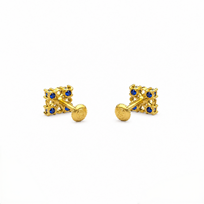 9K Gold Blue Stone Square Floral Second Stud Earrings