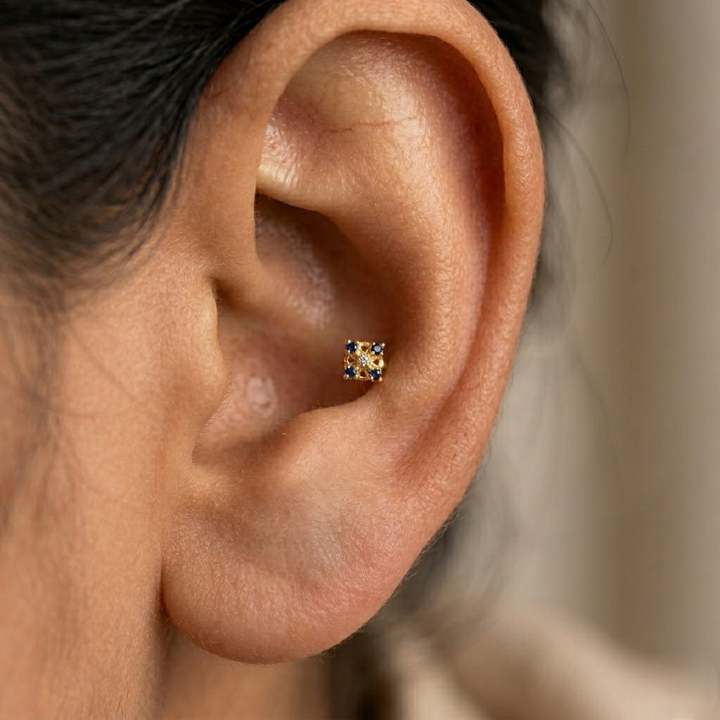 9K Gold Blue Stone Square Floral Second Stud Earrings