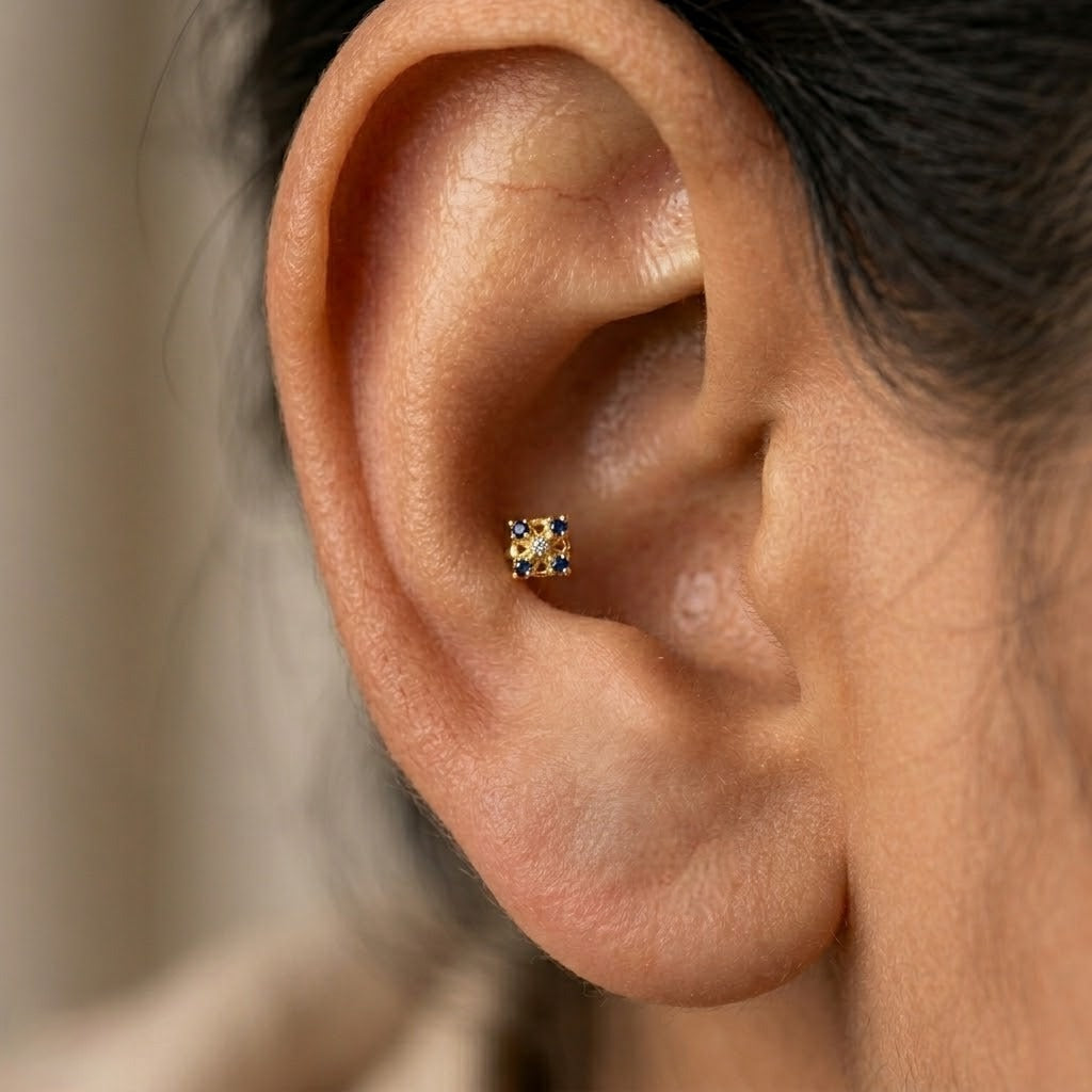 9K Gold Blue Stone Square Floral Second Stud Earrings