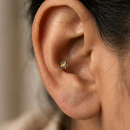 9K Gold Blue Stone Square Floral Second Stud Earrings