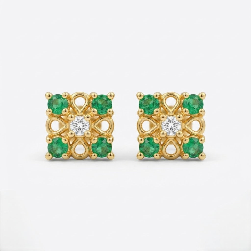 9K Gold Emerald Square Floral Second Stud Earrings