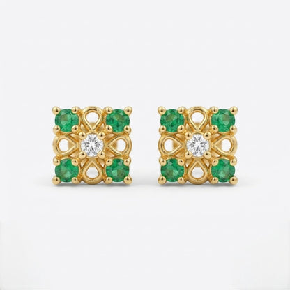 9K Gold Emerald Square Floral Second Stud Earrings