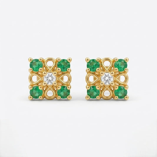 9K Gold Emerald Square Floral Second Stud Earrings