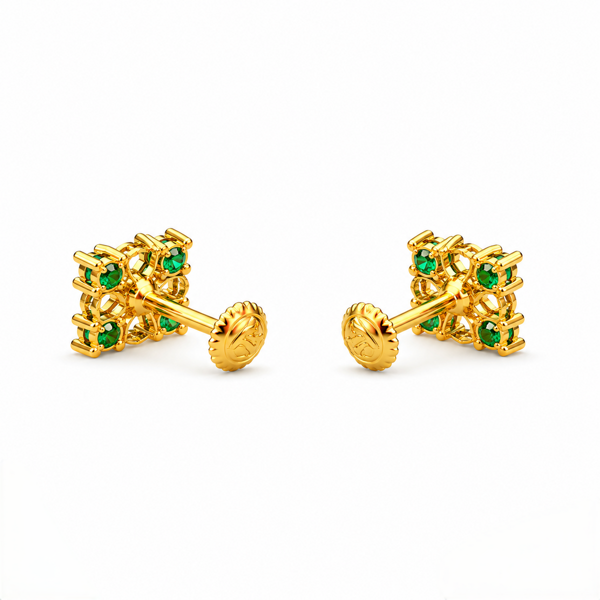 9K Gold Emerald Square Floral Second Stud Earrings
