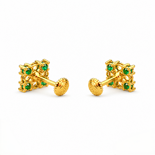 9K Gold Emerald Square Floral Second Stud Earrings