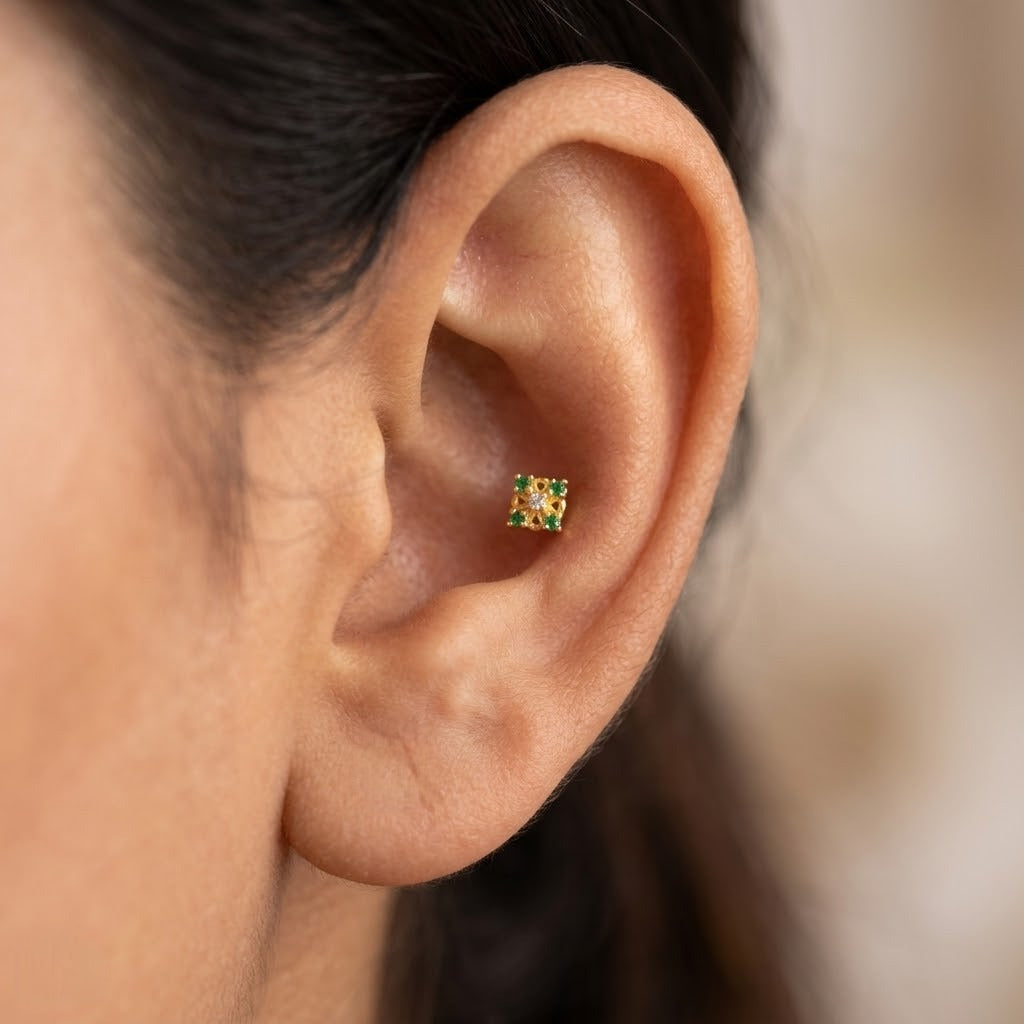 9K Gold Emerald Square Floral Second Stud Earrings