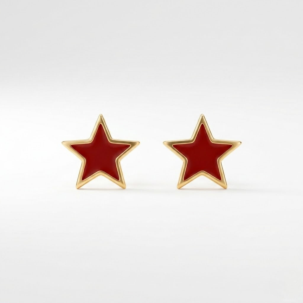 9K Gold Red Enamel Star Second Stud Earrings