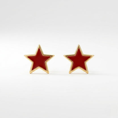 9K Gold Red Enamel Star Second Stud Earrings