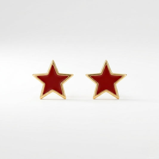 9K Gold Red Enamel Star Second Stud Earrings