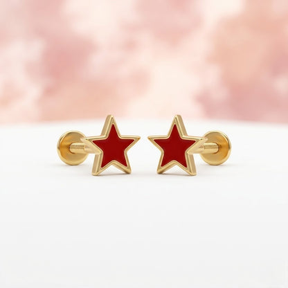 9K Gold Red Enamel Star Second Stud Earrings