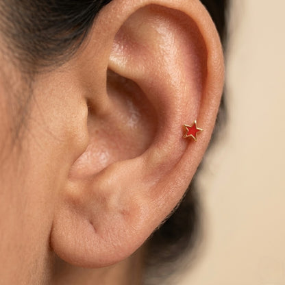 9K Gold Red Enamel Star Second Stud Earrings