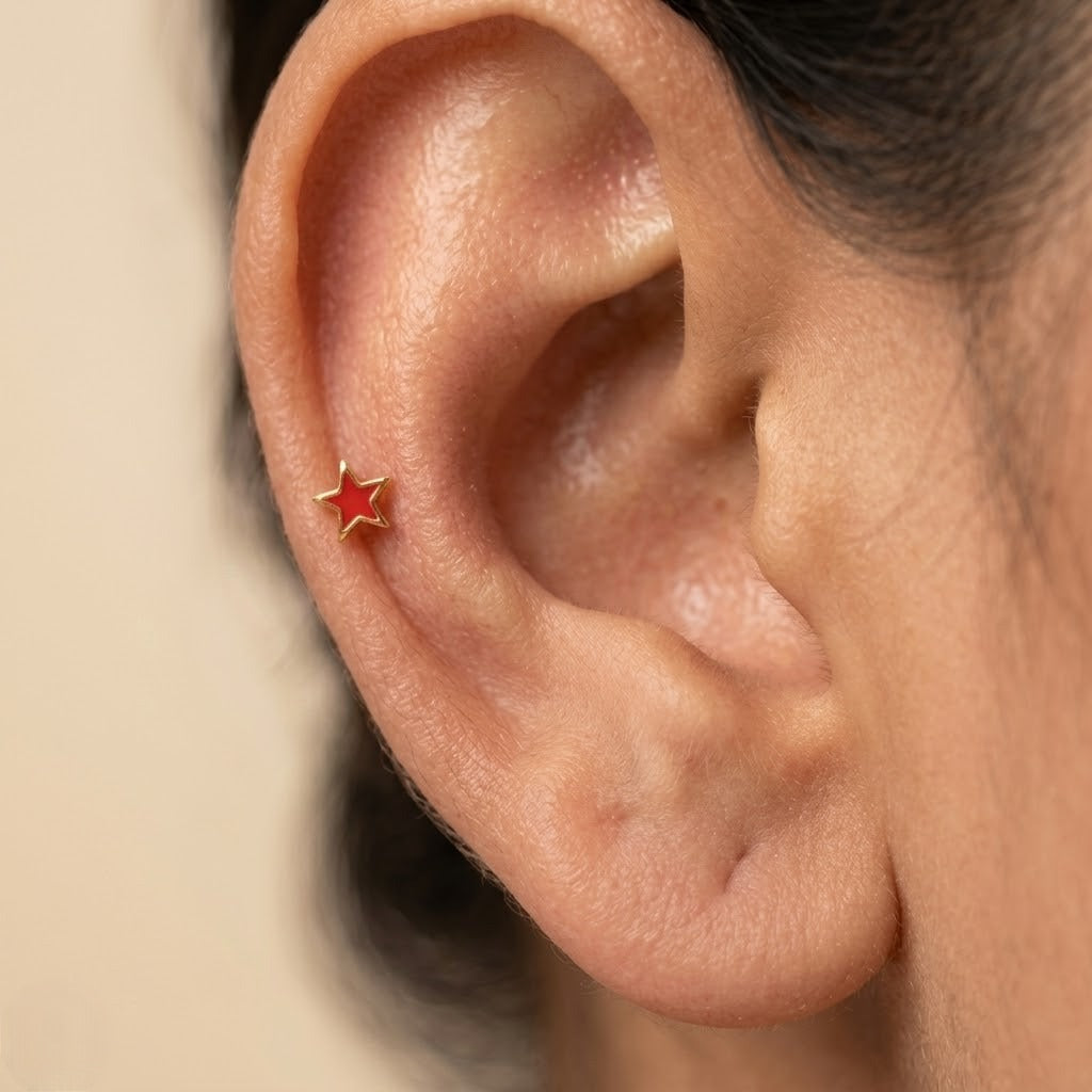 9K Gold Red Enamel Star Second Stud Earrings