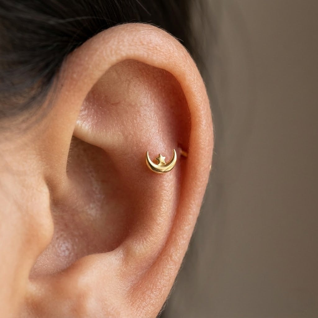 9K Gold Moon Star Second Stud Earrings
