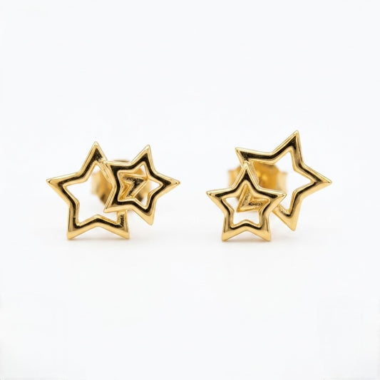 9K Gold Twin Outline Star Second Stud Earrings