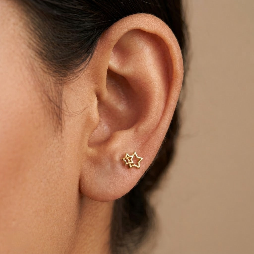 9K Gold Twin Outline Star Second Stud Earrings