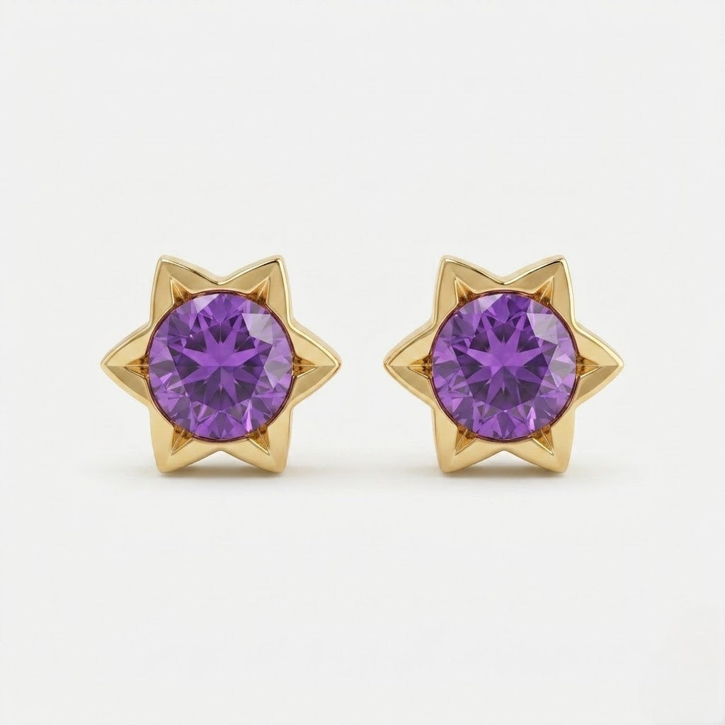 9K Gold Amethyst Starburst Second Stud Earrings