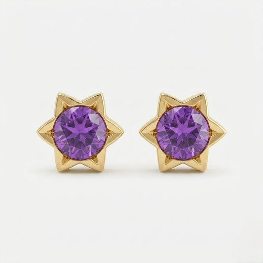 9K Gold Amethyst Starburst Second Stud Earrings