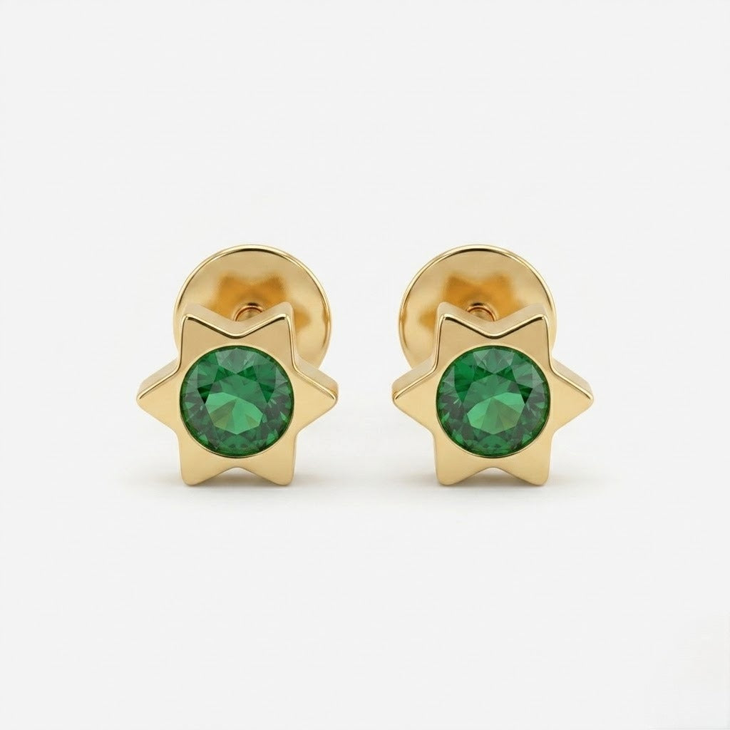 9K Gold Emerald Glow Star Second Stud Earrings