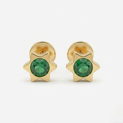 9K Gold Emerald Glow Star Second Stud Earrings