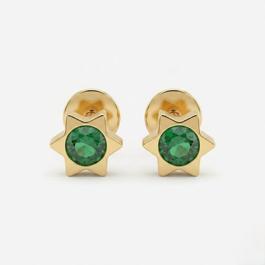 9K Gold Emerald Glow Star Second Stud Earrings
