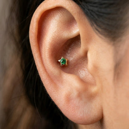 9K Gold Emerald Glow Star Second Stud Earrings