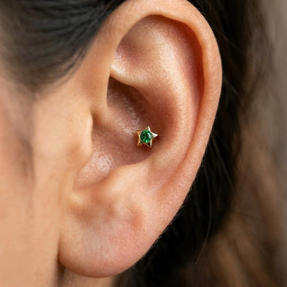 9K Gold Emerald Glow Star Second Stud Earrings
