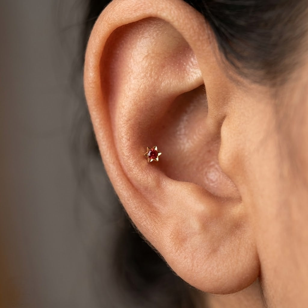 9K Gold Ruby Star Mini Second Stud Earrings