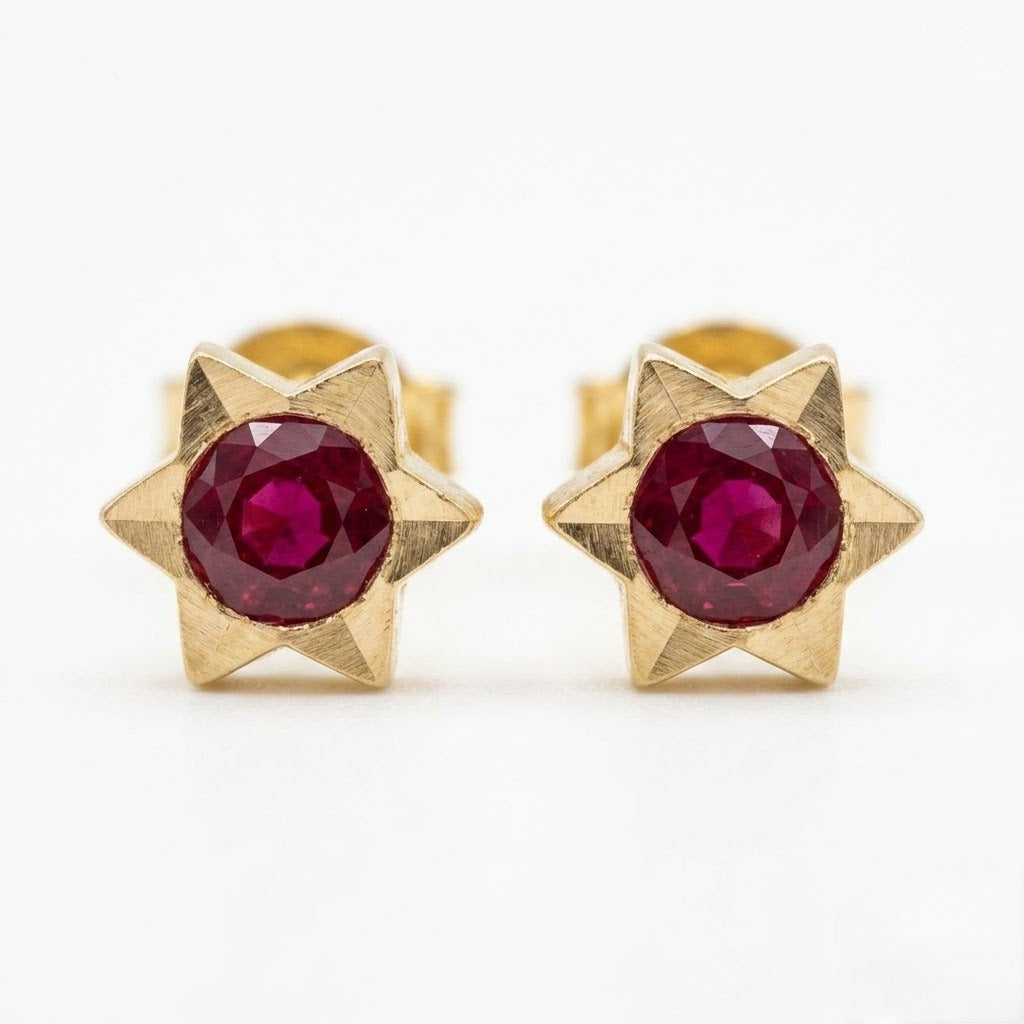 9K Gold Ruby Starburst Second Stud Earrings