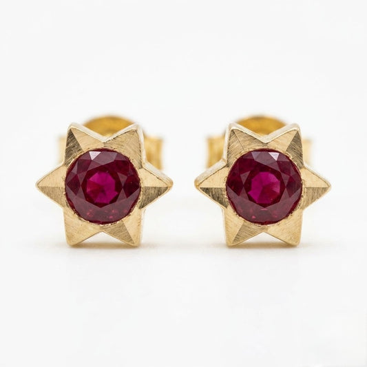 9K Gold Ruby Starburst Second Stud Earrings