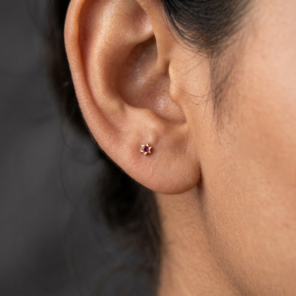 9K Gold Ruby Starburst Second Stud Earrings