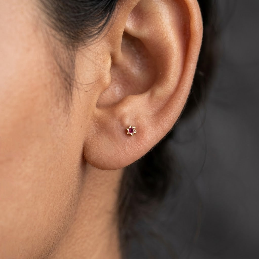 9K Gold Ruby Starburst Second Stud Earrings