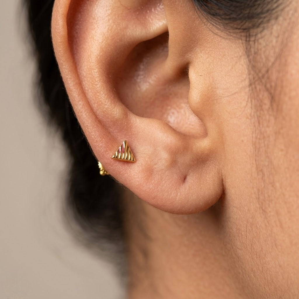 9K Gold Fluted Triangle Second Stud Earrings