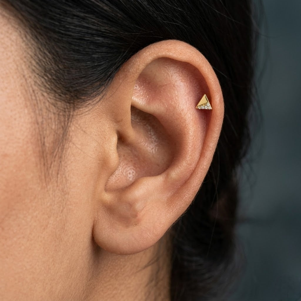 9K Gold White Stone Triangle Second Stud Earrings