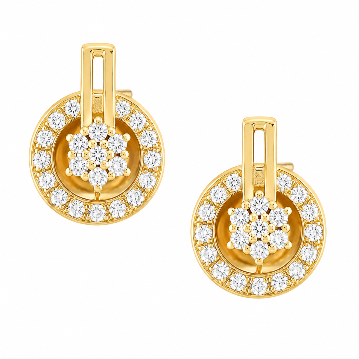 Classic Floral Halo Diamond Gold Earrings