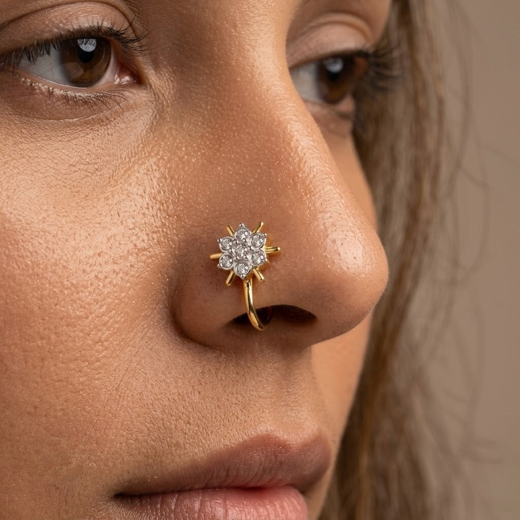 Sunray Floral Cluster Glow Diamond Gold Nose Pin