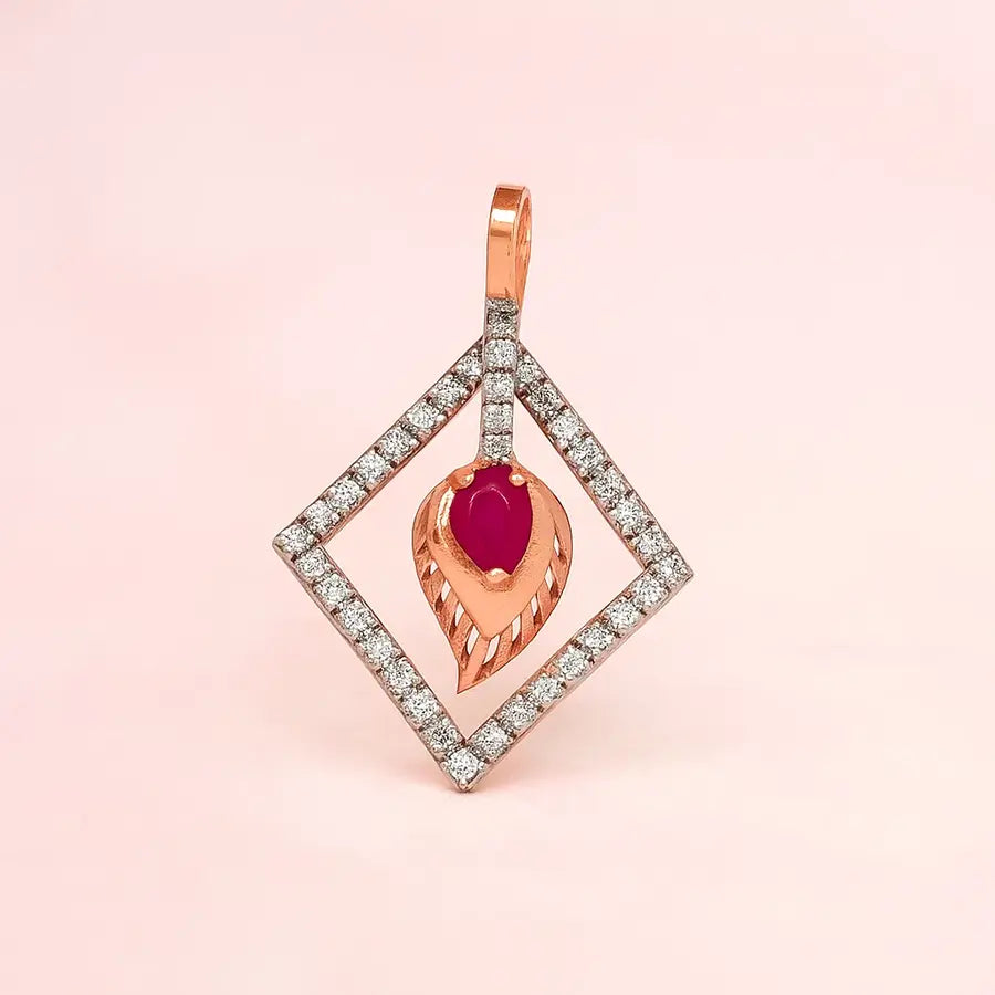 Pink Stone Feather Gold Pendant