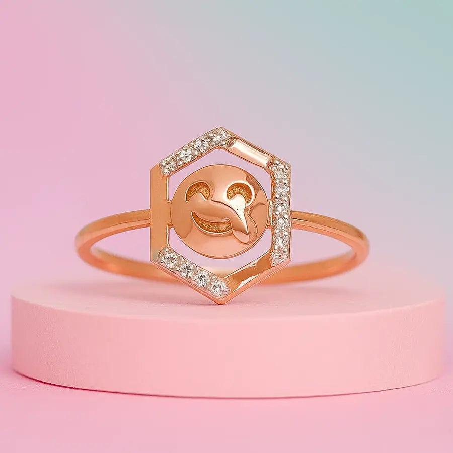Hexagon Smiley Gold Ring